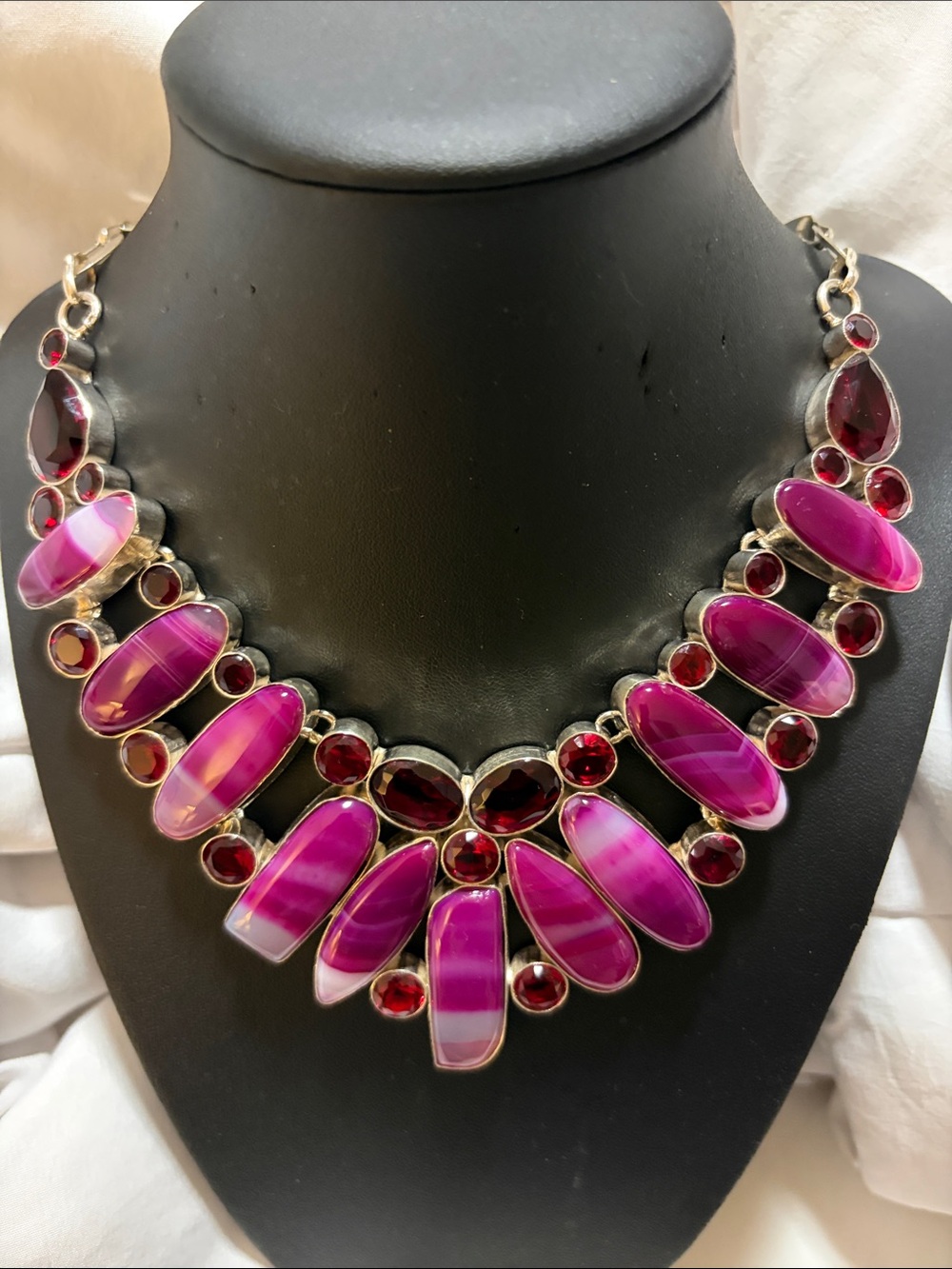 Bold Fuchsia 925Sterling Silver Statement Necklace with Red Crystal Gem Accents